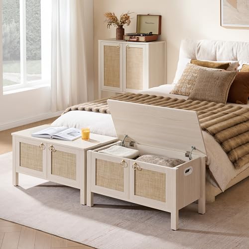 SICOTAS Rattan Storage Bench Boho Chest with Safety Hinges - White Cream Oak, 32.2" Wide