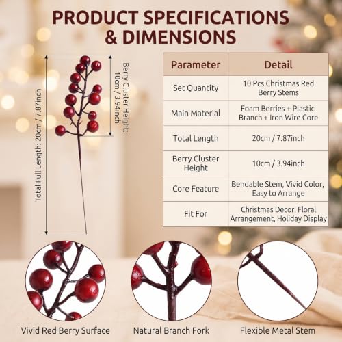 VASANA 10-Pack 8-Inch Artificial Red Berry Stems for Christmas Wreaths & Decor