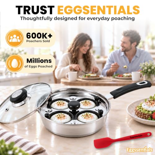 Egg Poacher Pan - 4-Cup Stainless Steel Egg Cooker with Non-Stick Coating & Glass Lid