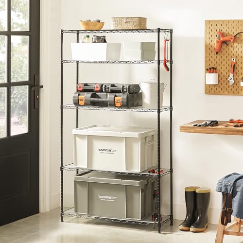 SONGMICS 5-Tier Adjustable Wire Shelving Unit with 8 Hooks, Ink Black