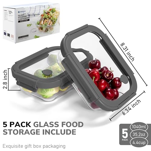 BOROHOUSE 5-Pack Tempered Glass Food Storage Containers 35.2oz with Gray Lids, Airtight & Microwave Safe