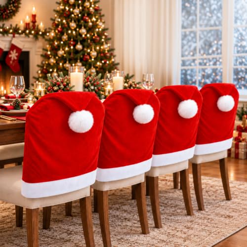 4 Pcs Christmas Chair Covers Santa Hat Style Holiday Dining Seat Protectors