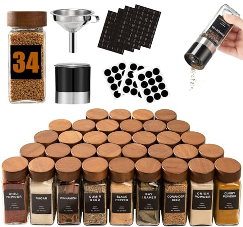 34pcs Glass Spice Jars with Labels - 4oz Seasoning Organizer Set - Black & Wooden Lids