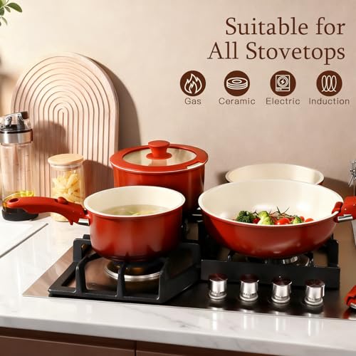 Red and Black Gradient 11-Piece Nonstick Cookware Set with Detachable Handles