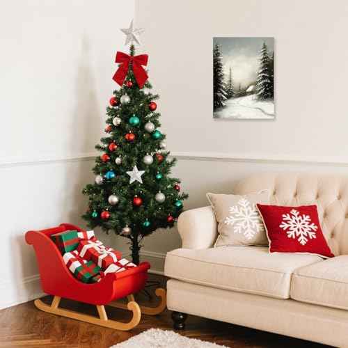 MIMAJIE Christmas Canvas Wall Art - Winter Snowscape Forest Landscape Print, Rustic Xmas Decor for Bedroom, Living Room, Holiday Home Decoration 12x16 Inches