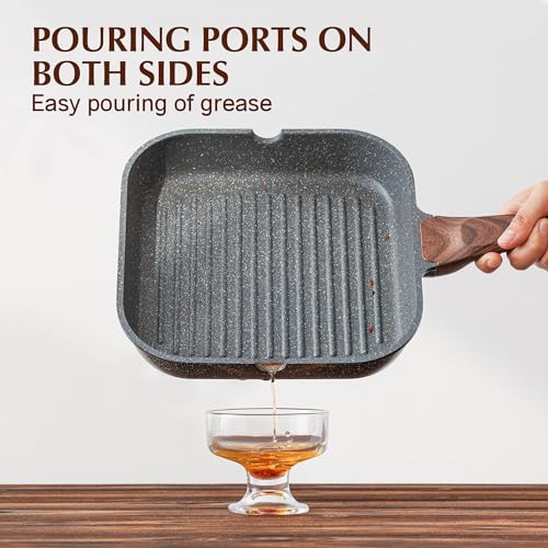 Gray Granite 11 Inch Nonstick Grill Pan with Lid - Square Indoor Outdoor Griddle