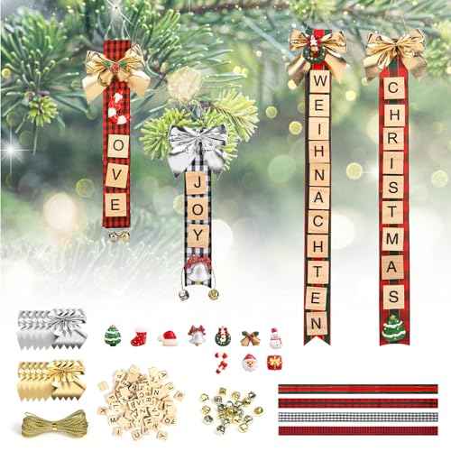 Naler 145PCS Christmas Crafts for Kids Adult, Christmas Ornaments Kit, Personalized Christmas Ornaments DIY Gift Tags Ribbon Scrabble Letter Tiles Bells Bows Decorative Hanging Decor