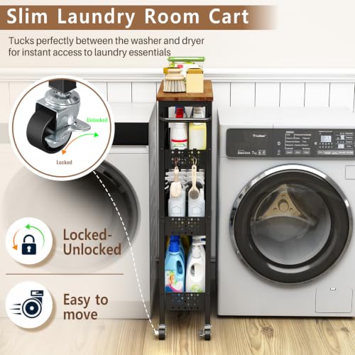 Black 4-Tier Slim Utility Rolling Cart with Wood Top - Narrow Metal Storage