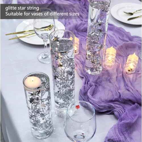 40 Pcs Star String for Floating Candle Centerpieces, Glitter Star Vase Filler for Table Wedding Christmas Water Centerpiece. (Silver)