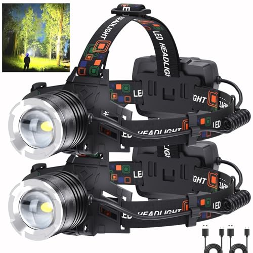 BERCOL Rechargeable LED Headlamp 99,000 Lumens Waterproof Head Torch 5 Modes, Adjustable for Camping & Outdoor Activities (2 Pack)