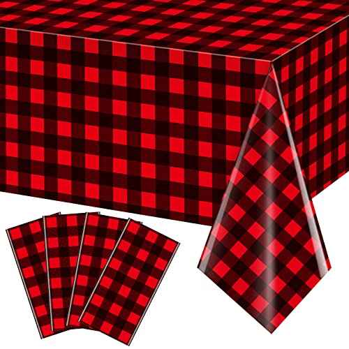 4 Pack Christmas Buffalo Plaid Party Tablecloth Decorations, Disposable Waterproof Red and Black Lumberjack Checkered Plaid Table Cover Backdrop for Christmas Winter Holiday Party Supplies, 54x108Inch