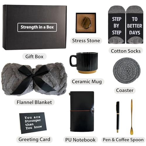 Men's Get Well Soon Care Package with Plush Blanket Mug Socks Notebook Stress Stone