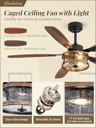 Farmhouse Ceiling Fan with Light and Remote - 52 Inch Black & Walnut