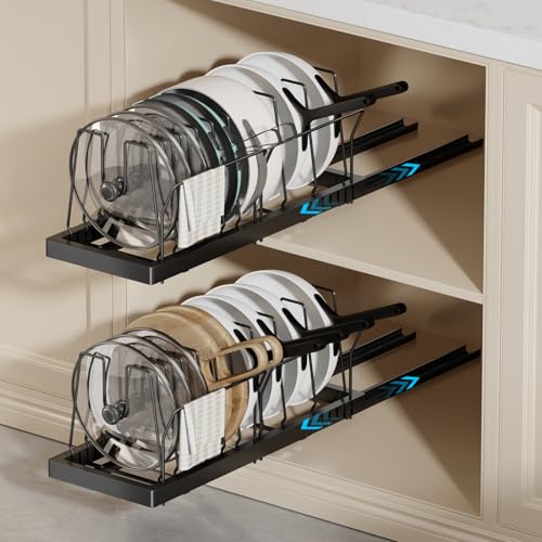Magheo Black 2 Pack Expandable Under Cabinet Pot and Pan Organizer with Adjustable Dividers
