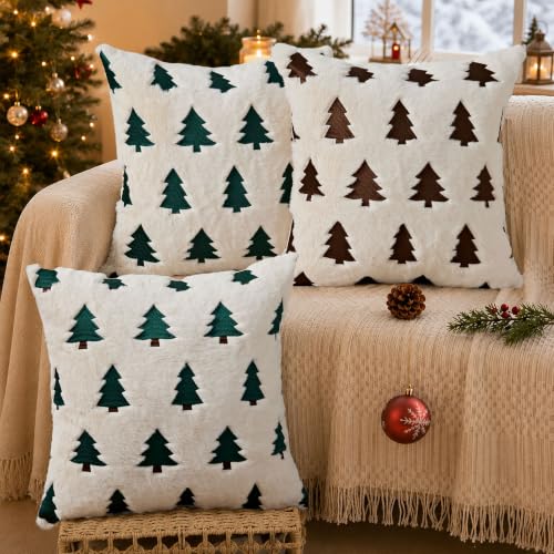 Allorry Christmas Pillow Covers 18x18 Inches Pack of 2 Beige Plush Holiday Decor