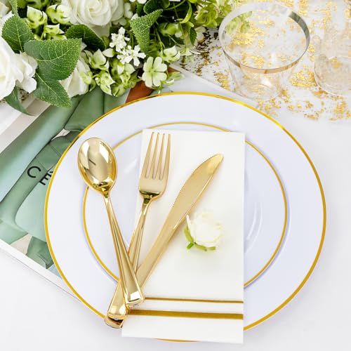 SUT White Gold Disposable Dinnerware Set 350PCS for 50 Guests – Elegant Plates & Utensils