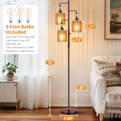 72-Inch Boho Rattan Tree Floor Lamp - Brown, Dimmable Standing Lighting with Oil-Rubbed Bronze + Light Brown Variation