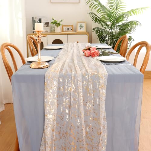 LOMOHOO Gold Gauze Table Runner 10ft - 4pc Glitter Sequin Sheer Runner, 28x120 inches, option: 4 Gold