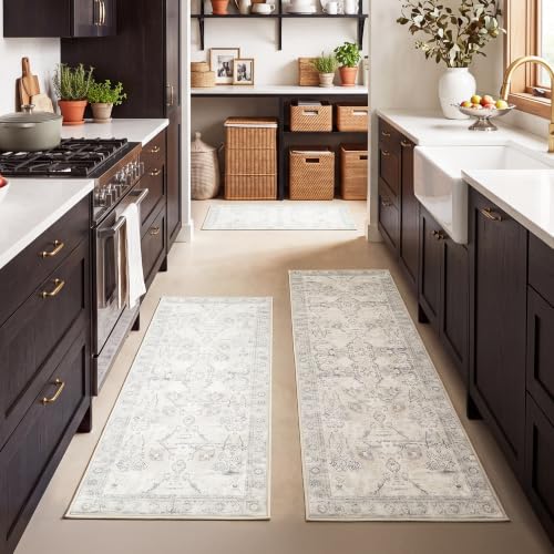 Boho Kitchen Rug Set of 3 - Anti-Fatigue Non-Slip Mats Beige 20"x32" 20"x48" 20"x59"