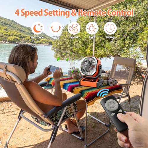 Rechargeable Camping Fan with Light and Remote - 20000mAh Cordless Oscillating Tent Fan