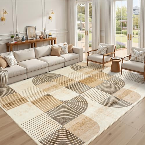 Beige 9' x 6' Washable Non-Slip Modern Area Rug for Living Room