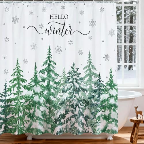 Mocsicka Winter Christmas Shower Curtain 72 x 72 in – Snow Scene Pine Trees, Waterproof Polyester