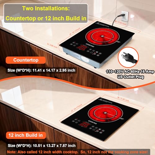 Cooktao 12 Inch Single Burner Electric Hot Plate 1800W Infrared Cooking Stove with Temperature & Wattage Control