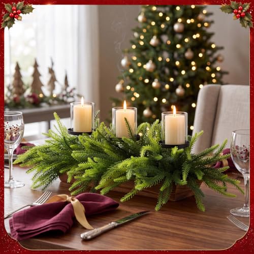 Suttmin Norfolk Pine Stems Christmas Candle Holder Centerpiece with Metal Candle Column, Wooden Base & Glass Covers