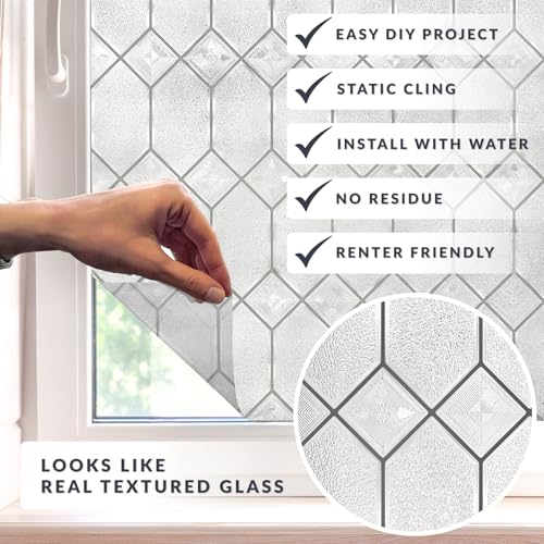 Old English Window Privacy Film - Textured Leaded Glass Design, Static Cling, UV Protection, 36x72 Inch - Artscape