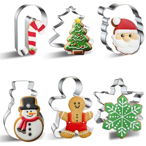 Christmas Cookie Cutter Set 6 Pieces - Christmas Tree, Gingerbread Man, Snowman, Snowflake, Candy Cane, Santa Face Shapes for Holiday Food Party Decorations and Baking