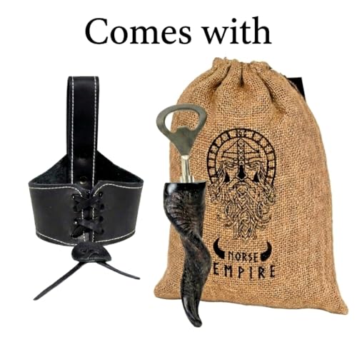 NORSE EMPIRE 12oz Genuine Ox-Horn Viking Drinking Horn with Stand & Leather Holster - Beer, Mead & Whiskey Tankard Gift