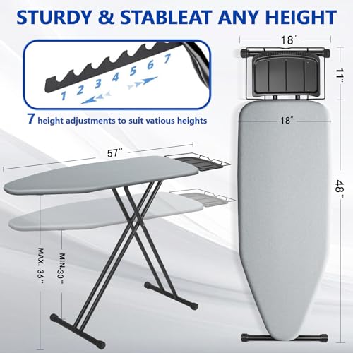 UFETGYG Full Size Ironing Board 57" x 18" with Iron Rest, Adjustable & Heat-Resistant Cover