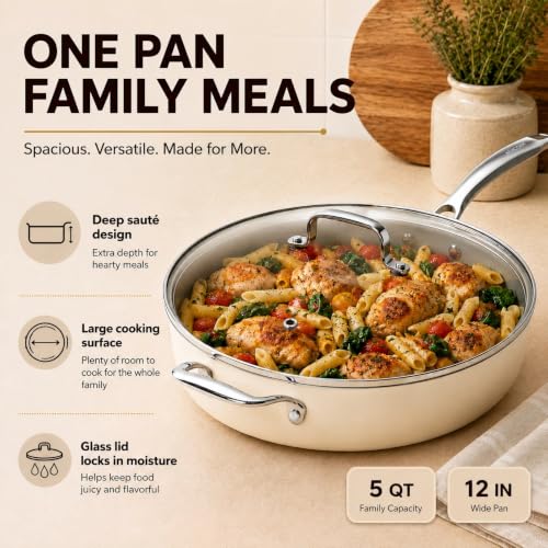 Kikcoin 12 Inch Ceramic Nonstick Deep Frying Pan with Lid, 5 QT - Cream & Grey