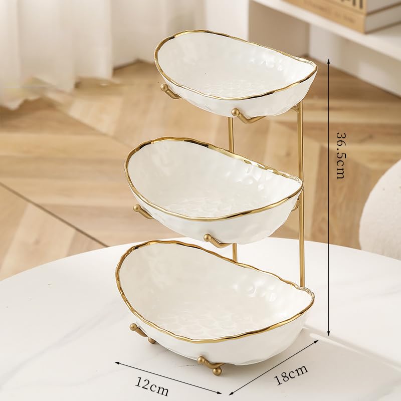 White 3-Tier Fruit Bowl with Gold Metal Stand - Modern Ceramic Fruit Rack - Variation: White A