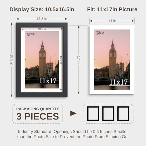 VCK 11x17 Black Solid Wood Picture Frame Set of 3 Wall Display