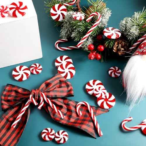 WILLBOND 48 Pcs Christmas Candy Canes Ornament Plastic Christmas Tree Hanging Decoration Fake Swirl Candy Canes Garlands with Crystal Wire for Home Xmas Gift Indoor Outdoor Party Favor (Red and White)