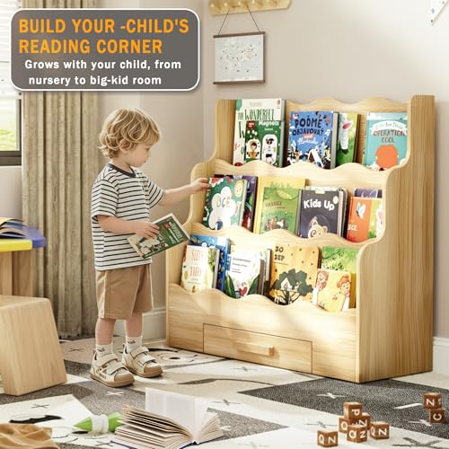 29.6-Inch Kids Montessori Scalloped Bookshelf with Drawer - Toddler Storage