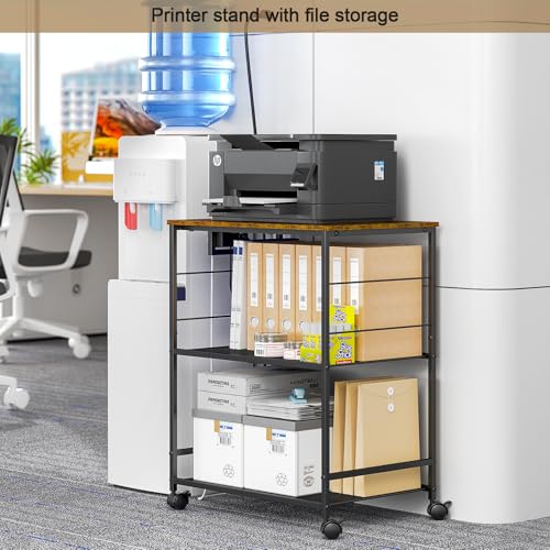 ThreeHio Brown Kitchen Microwave Cart with Power Outlet, 3-Tier Utility Storage