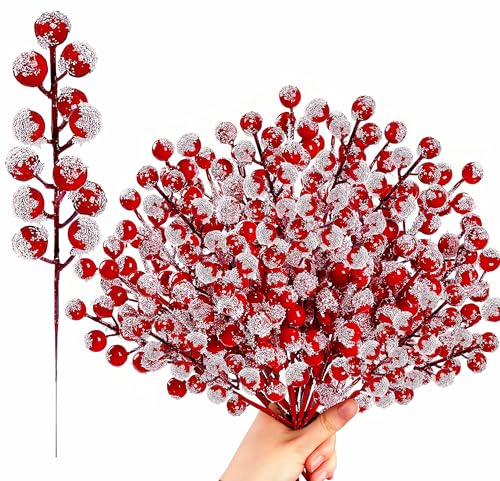50 Pack Christmas Snowy Red Berry Stems for Tree Decorations - 8 Inch Artificial Holly Branches & Fillers by Zhmiyiqijiay