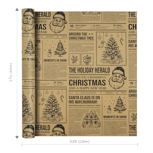 BIOBROWN Christmas Wrapping Paper Newspaper Roll with Santa & Tree Design, 17x33ft
