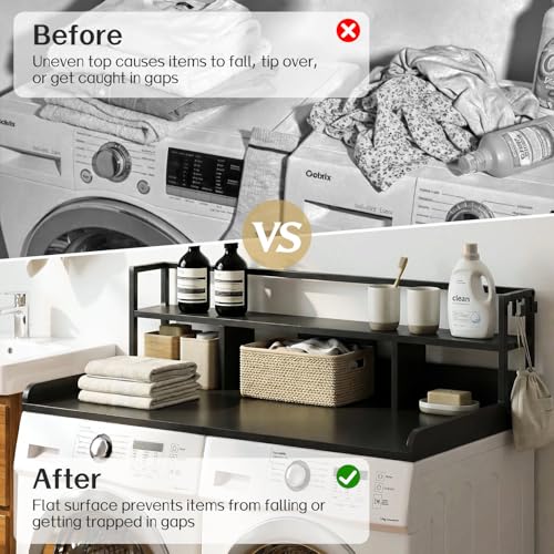 2-Tier Laundry Countertop with Hooks - 54 x 27.5 Inches, Black Finish