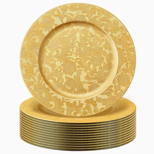 30 Pcs Gold Charger Plates 13" Floral Embossed Plastic - Acellegic