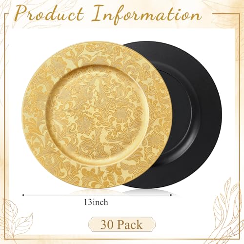 30 Pcs Gold Charger Plates 13" Floral Embossed Plastic - Acellegic