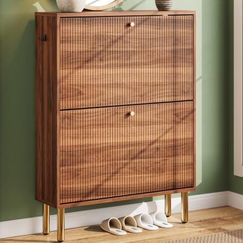 Midnight Walnut Fluted Shoe Storage Cabinet with Flip Drawers - Narrow Entryway Organizer