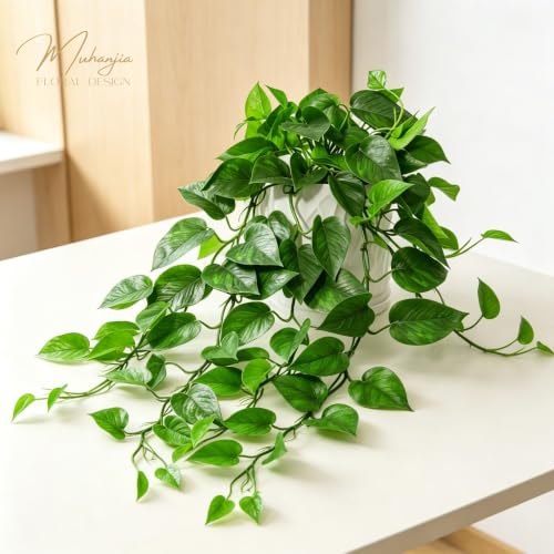 Muhanjia White Ceramic Pothos Artificial Plant with Drooping Vines, Indoor Fake Houseplant for Home & Office Decor