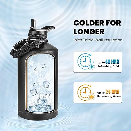 RAYMYLO 128 oz Insulated Water Bottle - Black, Triple Wall Stainless Steel, Leak-Proof, + Paracord Handle