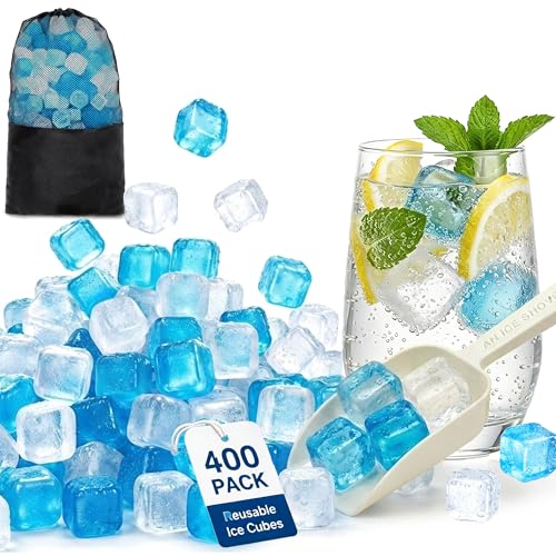 Blue & Transparent Reusable Ice Cubes for Drinks & Parties – 400 Pack with Scoop