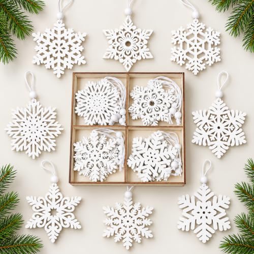 White Wooden Snowflake Christmas Ornaments for Xmas Tree Hanging