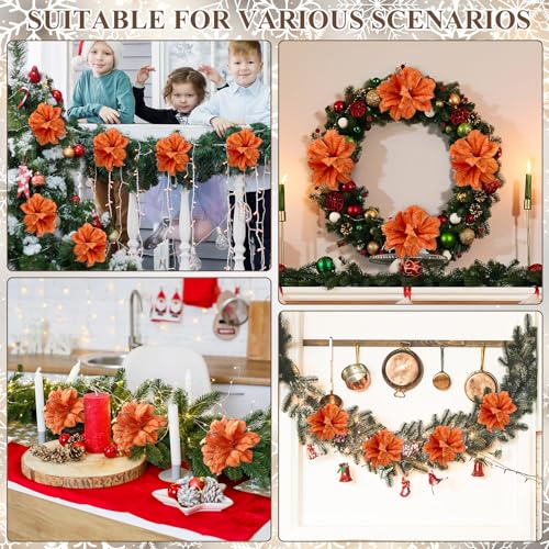 Hotop 6 Pcs Glitter Poinsettia Flowers with 3 Heads - Orange