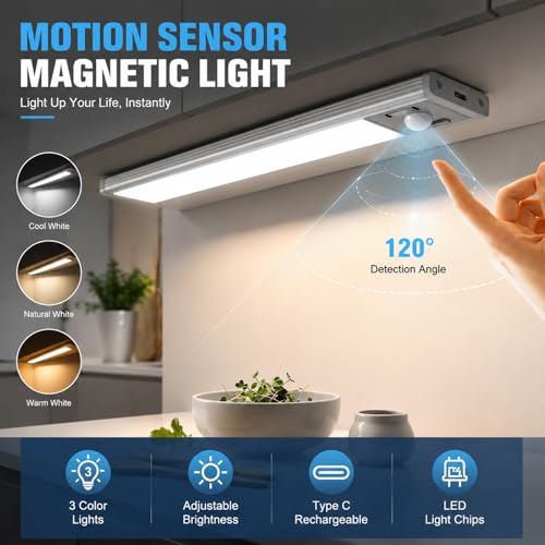 10-Inch Aluminum Under Cabinet Light - Rechargeable, Dimmable, 3 Colors, Magnetic Motion Sensor - 6 Pack